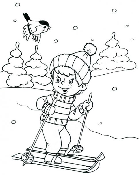 Раскраска. Мальчик катается на лыжах